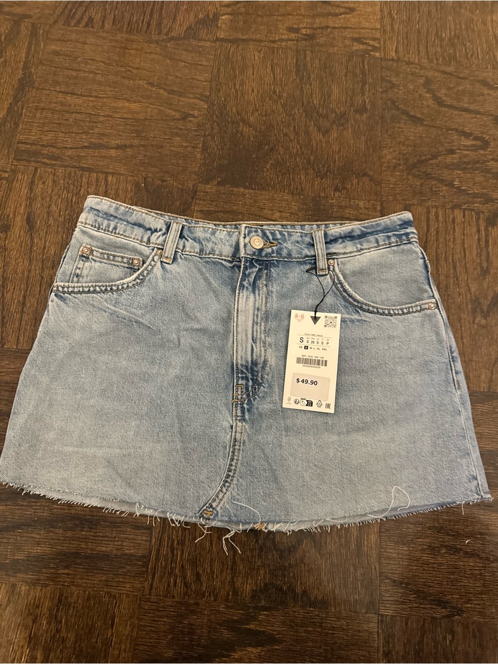 Zara Light Blue Denim Frayed-Hem Mini Skirt